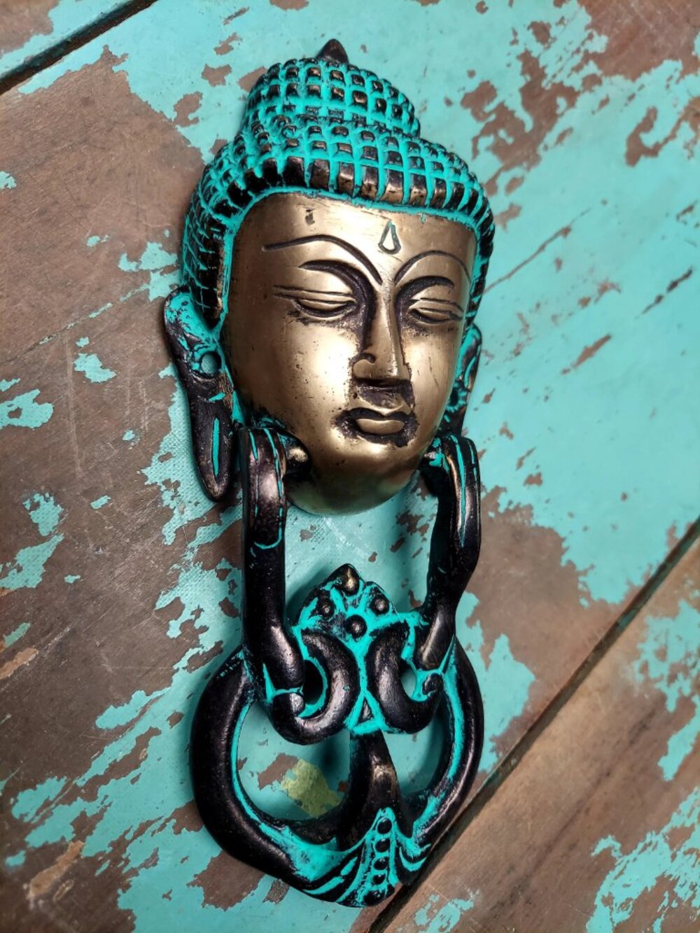 Buddha Metal Door Knocker Ring w/ Backplate Antique Finish Black/Blue